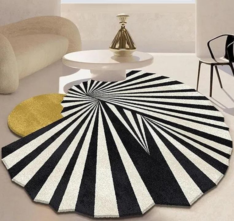 Modern Round Optical Illusion Rug | Black White Gold Abstract Handmade Carpet