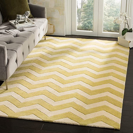 Yellow & Ivory Chevron Wool Rug – Hand-Tufted Modern Zigzag Area Carpet for Living Room, Bedroom & Home Décor