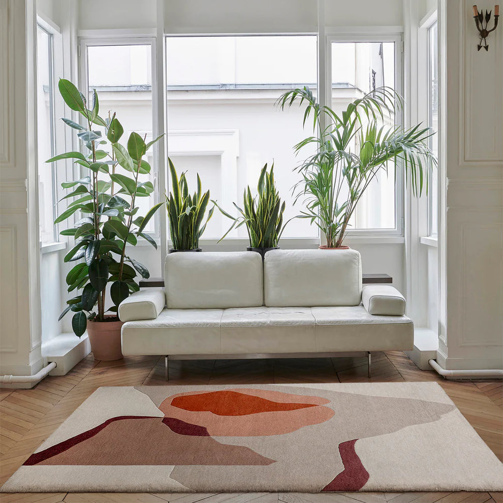 Modern Abstract Area Rug – Handwoven Wool Carpet in Neutral & Terracotta Tones | Contemporary Geometric Living Room & Bedroom Decor