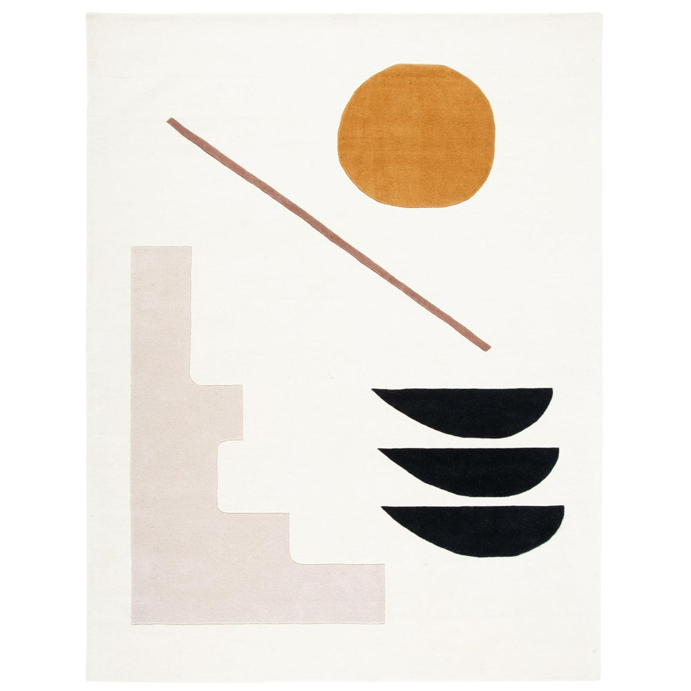 Minimalist Modern Abstract Area Rug – White Geometric Carpet with Sun & Shape Pattern for Living Room or Office Decor