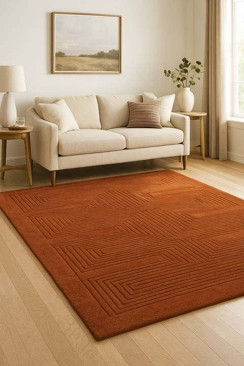 Hand Tufted Modern Geometric Area Rug – Rust Orange Abstract Linear Design Wool Carpet for Living Room, Bedroom & Dining Room | Handmade Contemporary Home Decor | Custom Size Rug