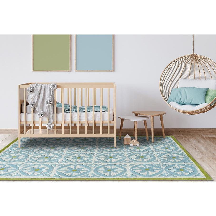 Hand-Tufted Blue & Green Wool Rug – Modern Moroccan Tile Pattern Area Carpet for Living Room, Bedroom & Home Décor