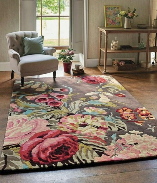 Floral Hand-Tufted Wool Rug | Vintage Botanical Area Carpet | Multicolor Flower Design | Living Room & Bedroom Decor | Soft Wool Rug