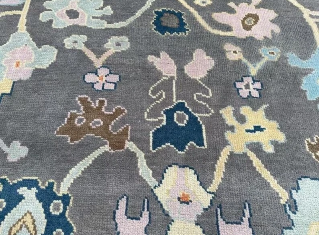 Modern Hand Knotted Oushak Rug – Grey & Blue Wool Area Carpet | Turkish Pastel Floral Design