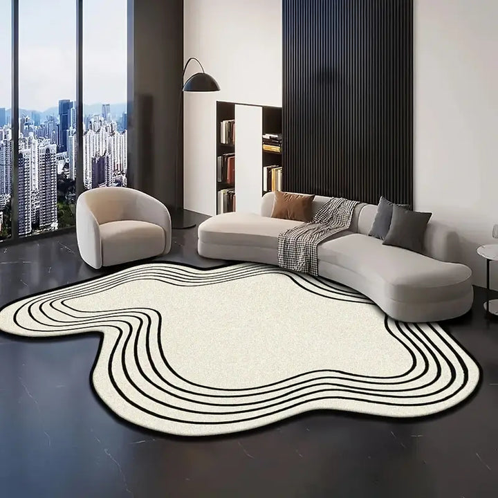 Modern Abstract Wavy Line Rug | Black & White Geometric Area Carpet | Contemporary Minimalist Living Room & Bedroom Floor Decor