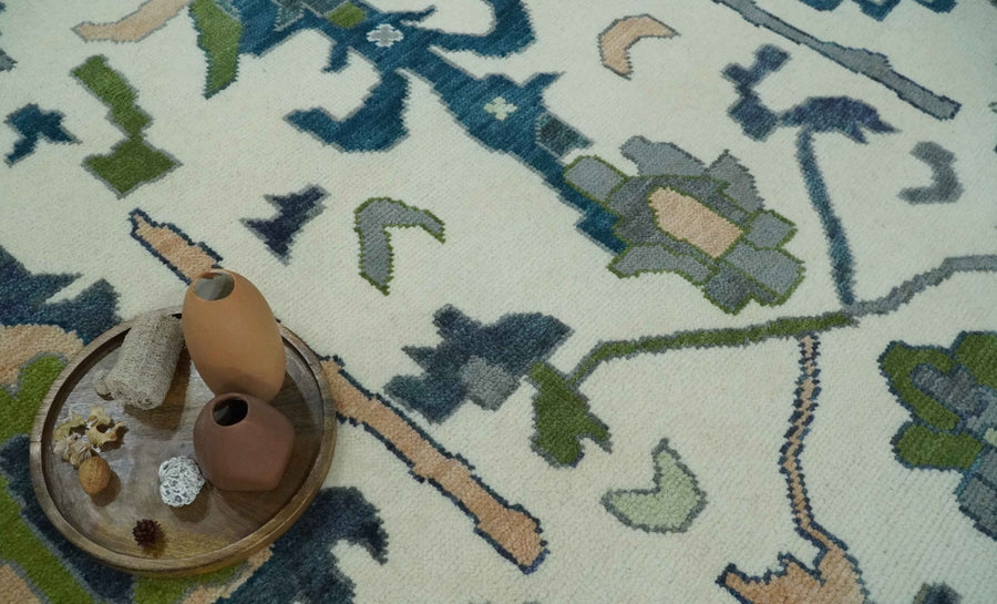 Handknotted Oushak Rug – Genuine Turkish Wool Oriental Carpet | Modern Blue & Green Floral Design