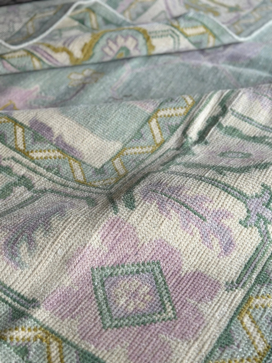 Hand Knotted Oushak Rug – Aqua Blue Pastel Turkish Wool Vintage Area Carpet