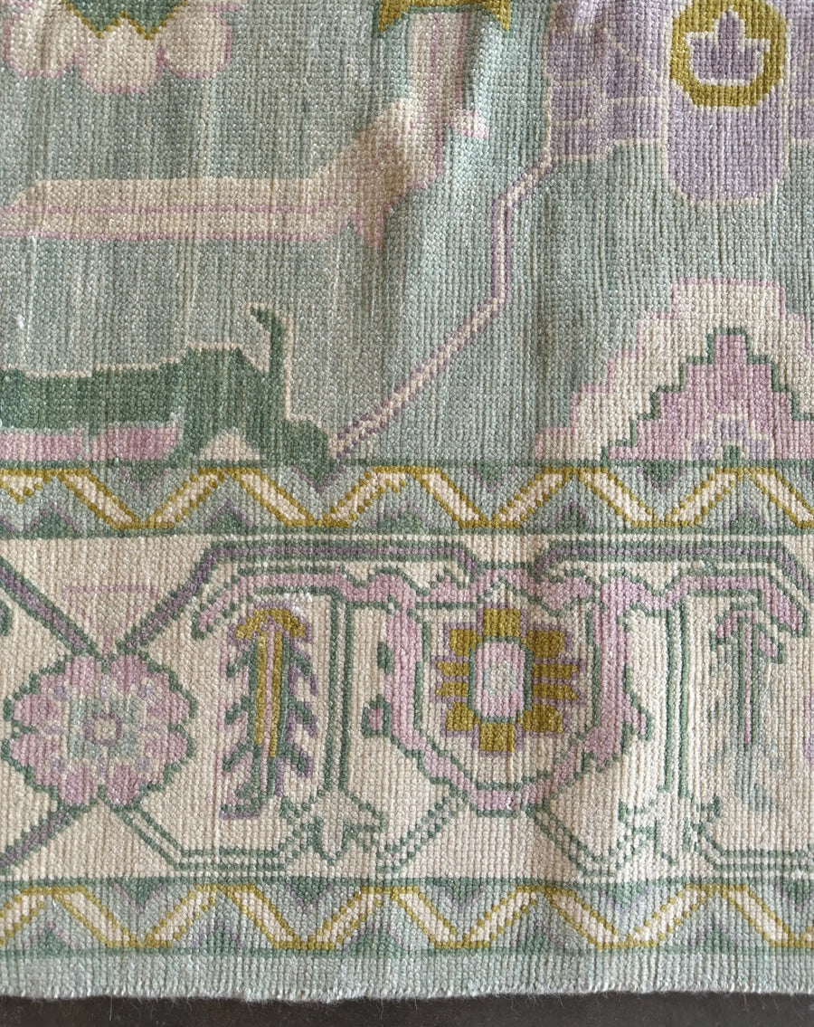 Hand Knotted Oushak Rug – Aqua Blue Pastel Turkish Wool Vintage Area Carpet