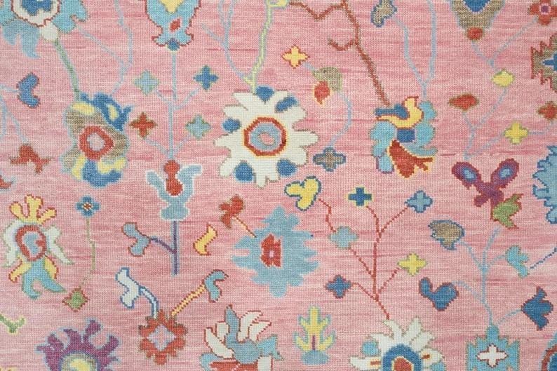 Hand Knotted Pink Oushak Rug – Modern Turkish Wool Area Rug | Soft Pastel Oriental Carpet, Boho Chic Living Room & Bedroom Decor