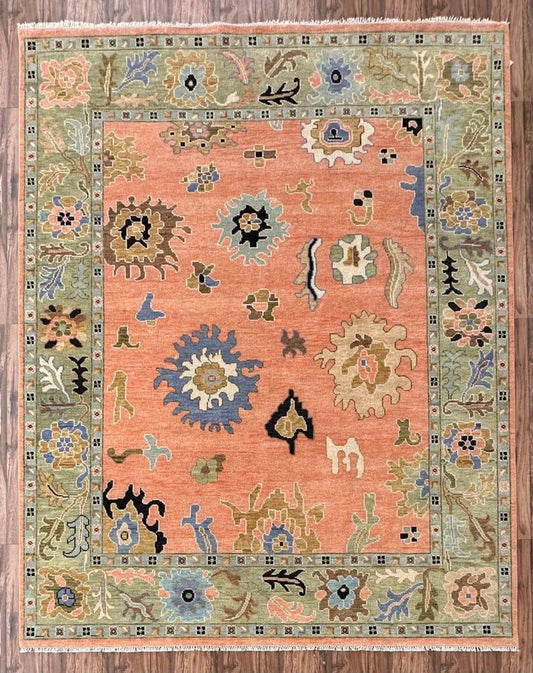 Handknotted Oushak Rug | Traditional Turkish Wool Carpet in Orange & Green | Oriental Floral Area Rug | Boho Vintage Style Living Room Decor