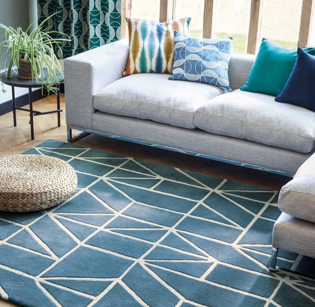 Blue Geometric Hand-Tufted Wool Rug – Contemporary Area Carpet for Living Room, Bedroom & Office Décor