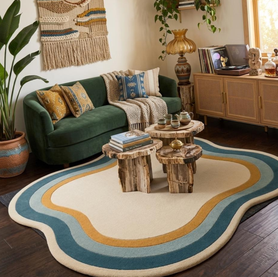 Abstract Wave Hand Tufted Rug, Irregular Modern Area Rug, Cream Blue Gold Sculpted Wool Carpet, Luxury Living Room Rug, Contemporary Organic Shape Rug