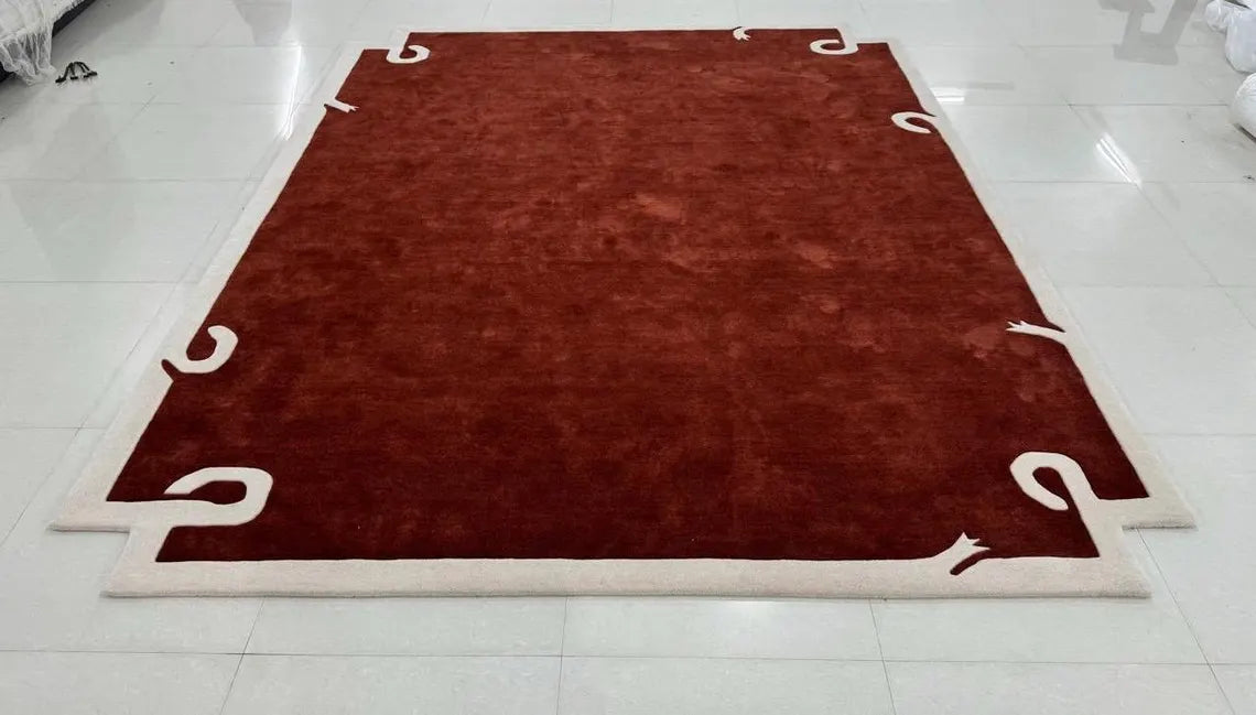 Modern Hand-Tufted Maroon Area Rug – Abstract Border Wool Carpet for Living Room & Bedroom Décor