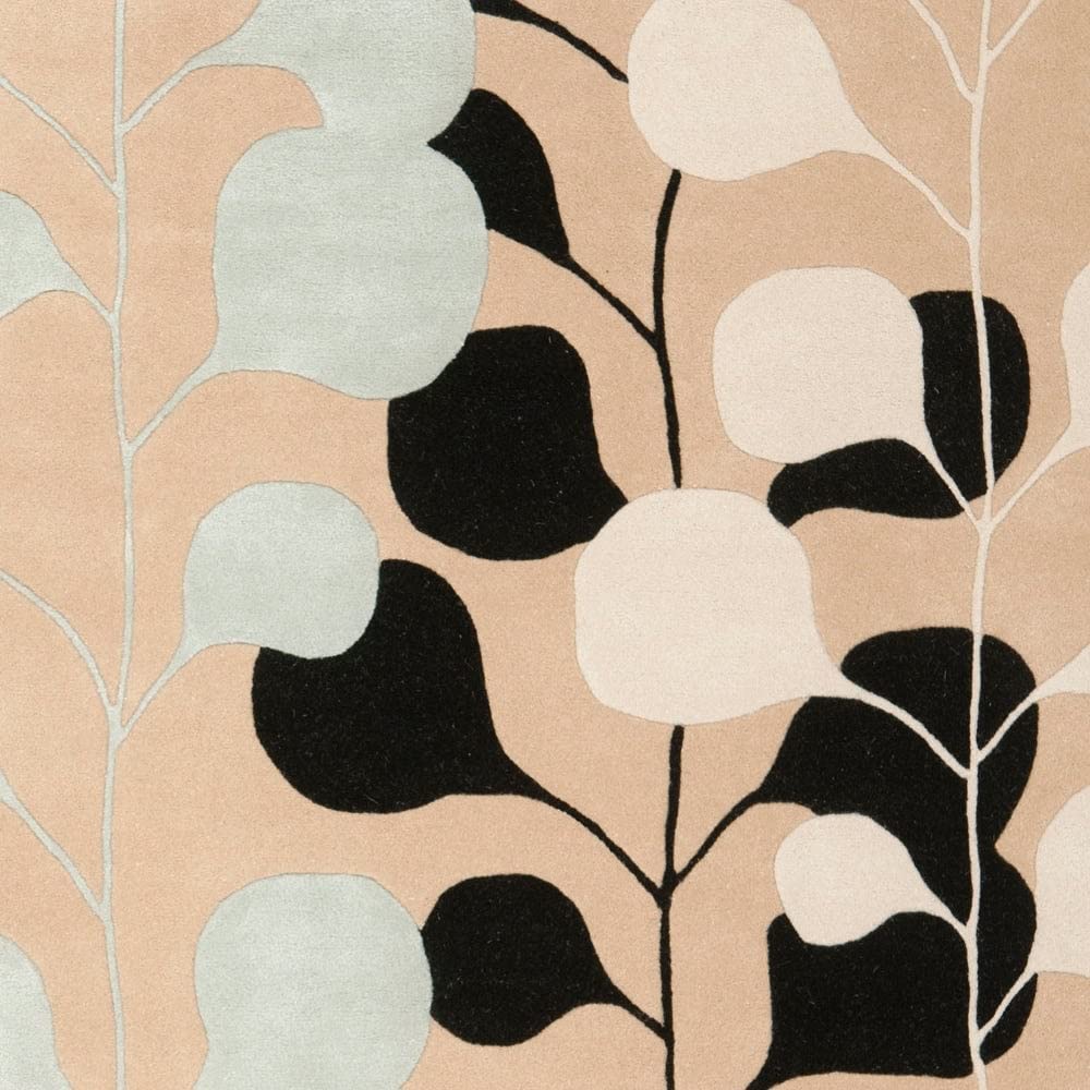 Modern Botanical Wool Area Rug – Beige Base with Blue, Black & Ivory Leaf Pattern | Hand-Tufted Carpet for Living Room & Bedroom Décor