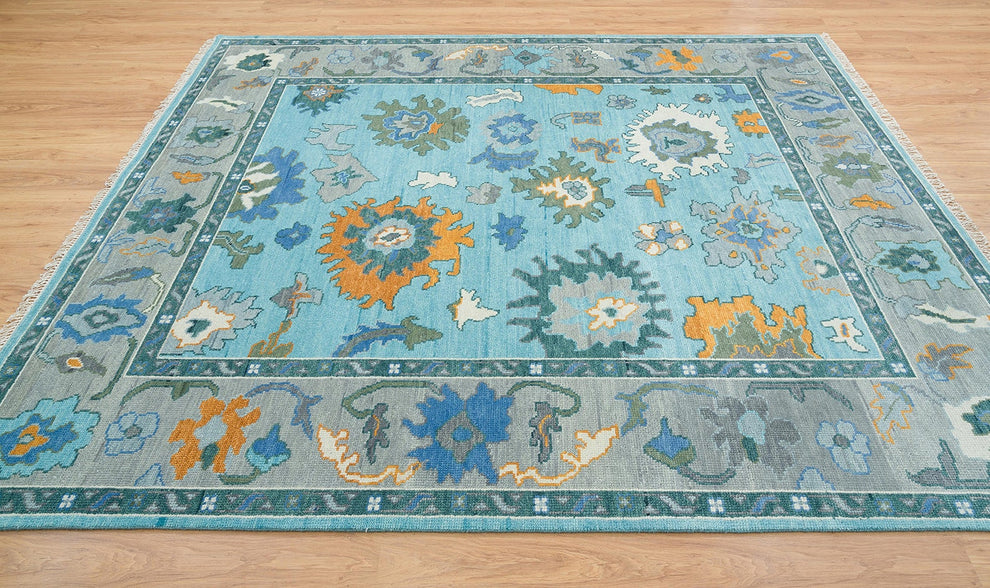 Hand-Knotted Blue Oushak Rug – Authentic Turkish Wool Area Carpet | Luxurious Handmade Oriental Design