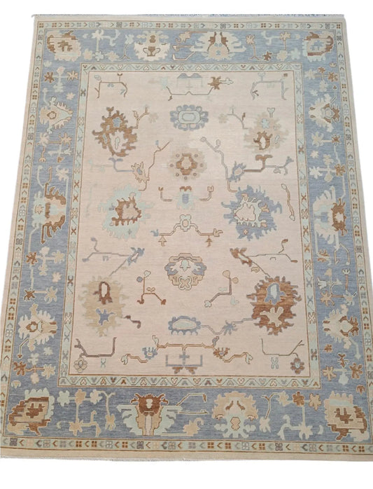 Hand Knotted Oushak Rug – Vintage Turkish Style Carpet | Soft Pastel Oriental Area Rug for Living Room