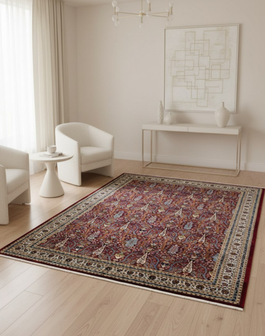 Persian Silk Look Area Rug – Rich Red Traditional Floral Luxury Carpet