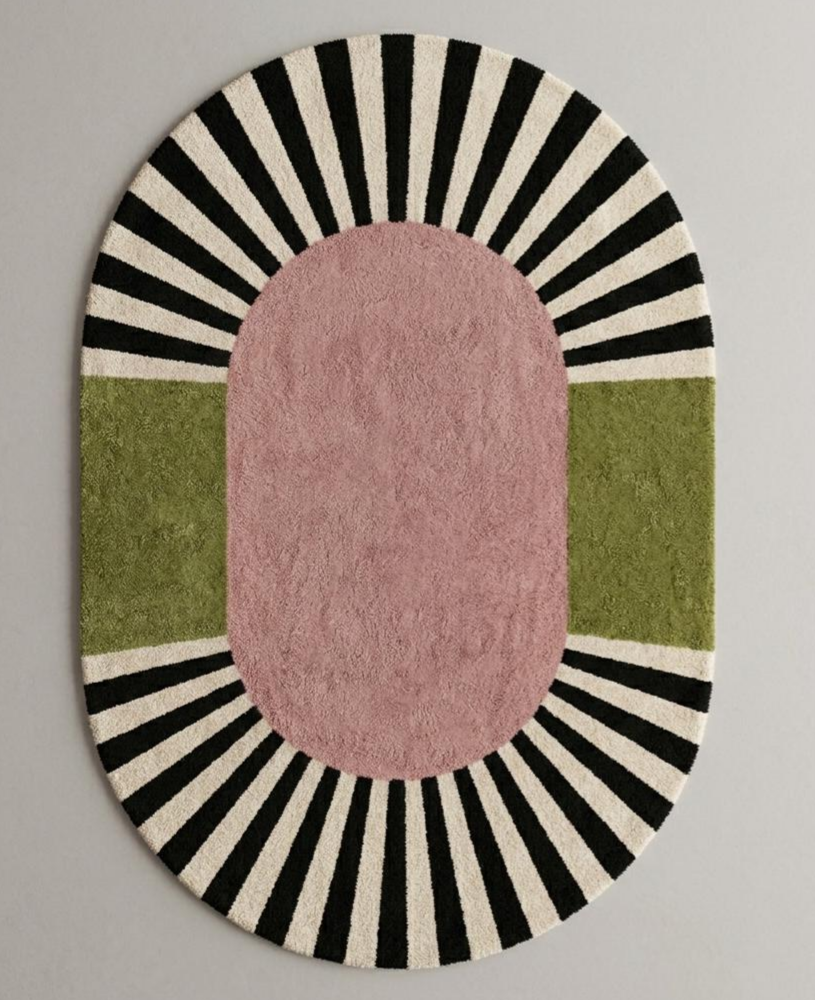 Hand Tufted Abstract Area Rug, Modern Geometric Pink Green Rug, Black White Sunburst Statement Carpet, Contemporary Living Room Decor