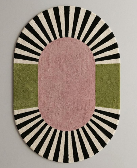 Hand Tufted Abstract Area Rug, Modern Geometric Pink Green Rug, Black White Sunburst Statement Carpet, Contemporary Living Room Decor