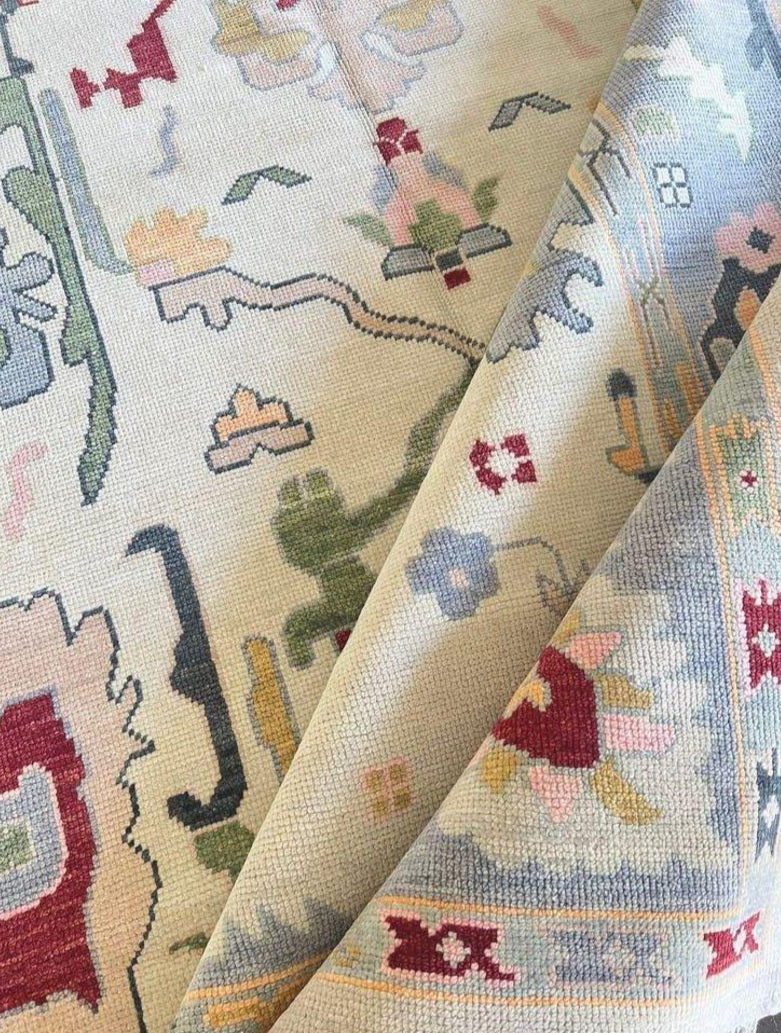 Hand Knotted Oushak Rug – Pastel Blue Ivory Turkish Wool Carpet | Soft Vintage Style Area Rug