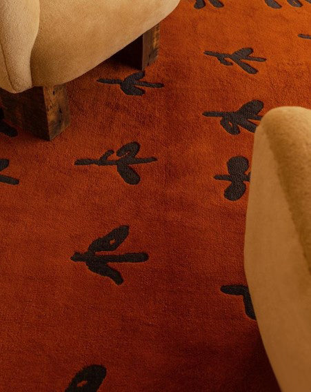 Hand Tufted Orange Wool Rug with Black Abstract Motifs | Modern Artisan Area Carpet