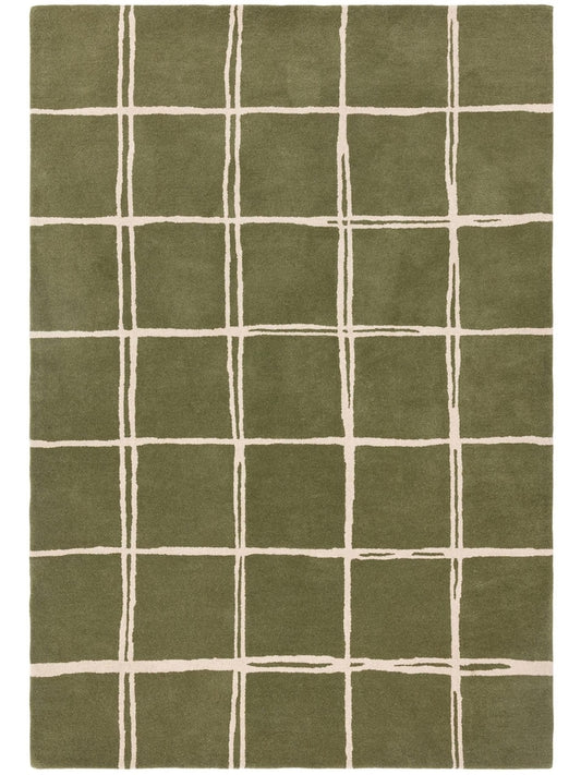 Modern Olive Green Grid Area Rug – Hand-Tufted Wool Carpet with Minimalist Checkered Pattern for Living Room, Bedroom & Office Decor