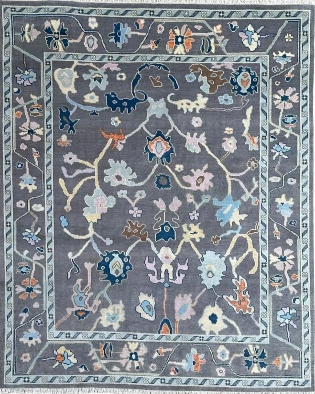 Modern Hand Knotted Oushak Rug – Grey & Blue Wool Area Carpet | Turkish Pastel Floral Design