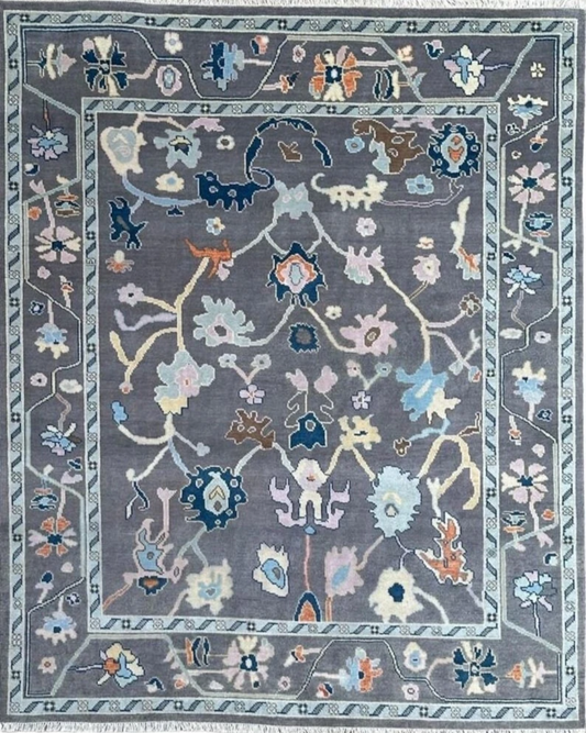 Modern Hand Knotted Oushak Rug – Grey & Blue Wool Area Carpet | Turkish Pastel Floral Design
