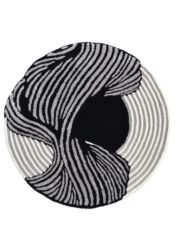 Modern Abstract Round Rug – Black & Gray Wavy Line Design | Contemporary Hand-Tufted Area Carpet for Living Room & Bedroom Décor