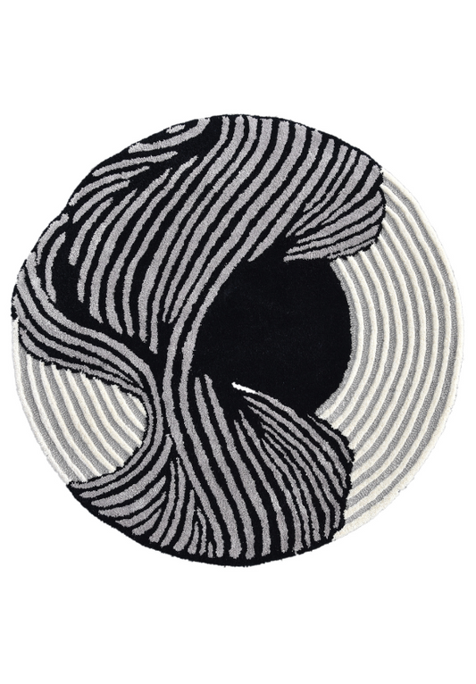 Modern Abstract Round Rug – Black & Gray Wavy Line Design | Contemporary Hand-Tufted Area Carpet for Living Room & Bedroom Décor