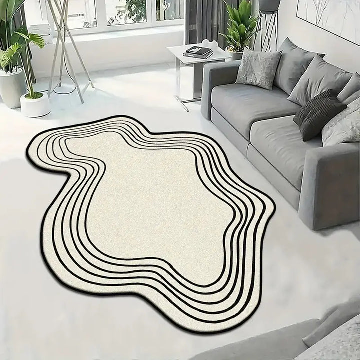 Modern Abstract Wavy Line Rug | Black & White Geometric Area Carpet | Contemporary Minimalist Living Room & Bedroom Floor Decor