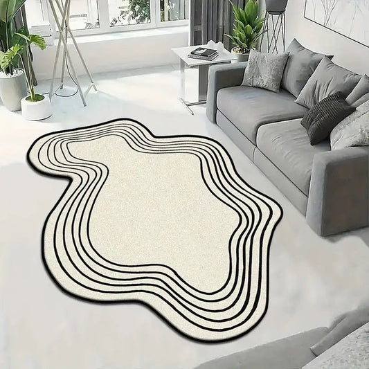 Modern Abstract Wavy Line Rug | Black & White Geometric Area Carpet | Contemporary Minimalist Living Room & Bedroom Floor Decor