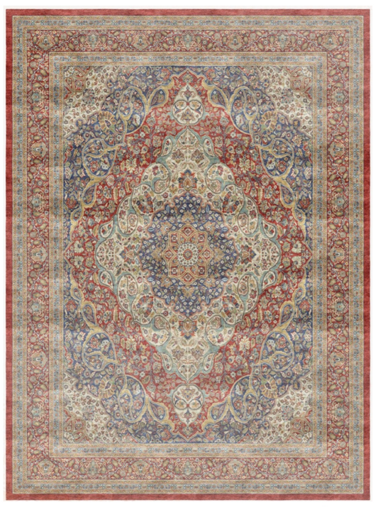 Luxury Persian Silk Rug – Intricate Floral Medallion Design in Rich Red & Blue