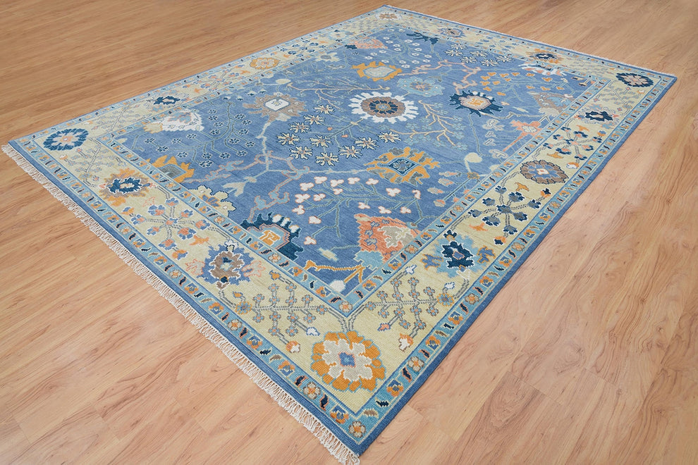 Hand-Knotted Blue Oushak Rug – Authentic Turkish Wool Carpet | Luxury Oriental Area Rug with Gold Accents