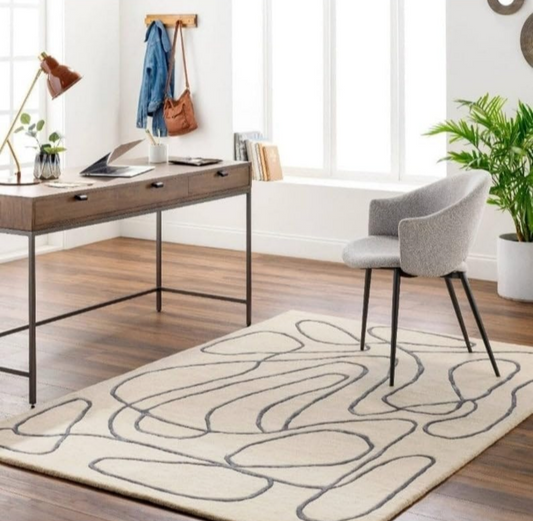 Modern Abstract Line Art Rug | Hand-Tufted Ivory Black Carpet for Living Room Decor