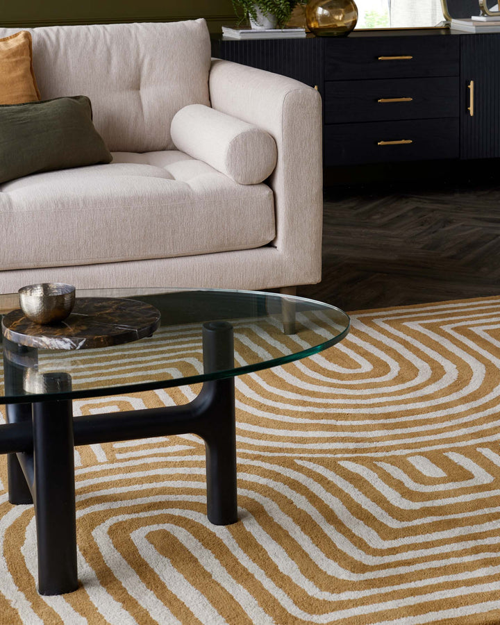 Modern Abstract Line Pattern Area Rug – Hand-Tufted Wool Mustard Yellow & Ivory Geometric Carpet for Living Room, Bedroom, Office & Home Decor