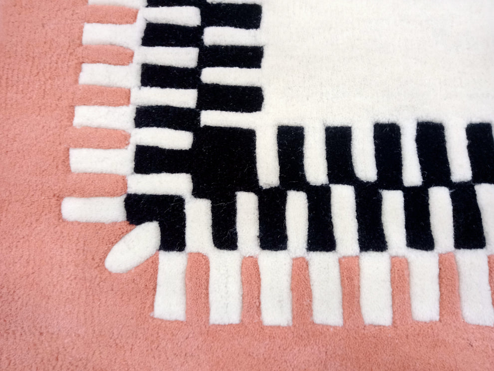 Pink Border Area Rug with Black and White Geometric Frame – Modern Hand-Tufted Wool Carpet for Living Room, Bedroom & Contemporary Home Décor