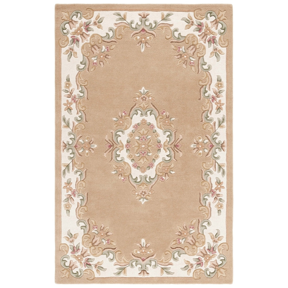 Elegant Beige Aubusson Area Rug – Handcrafted Wool Carpet with Floral Border for Living Room & Bedroom Décor