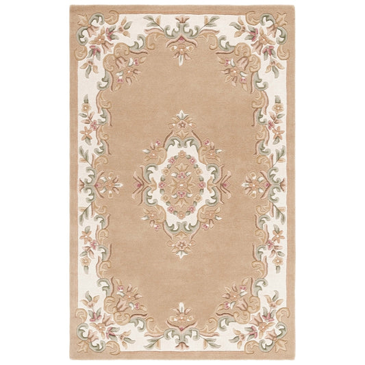 Elegant Beige Aubusson Area Rug – Handcrafted Wool Carpet with Floral Border for Living Room & Bedroom Décor