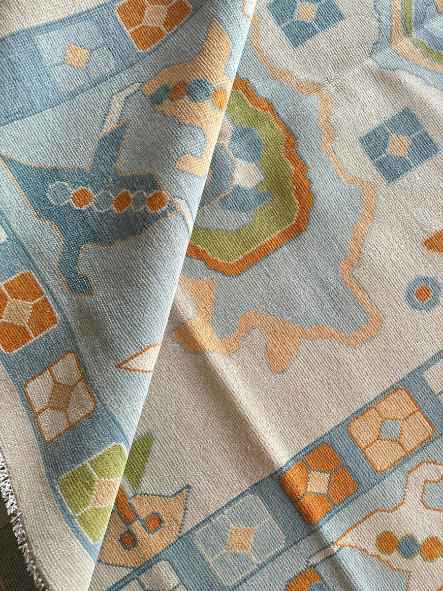 Hand Knotted Oushak Rug – Pastel Blue Turkish Wool Vintage Medallion Area Carpet