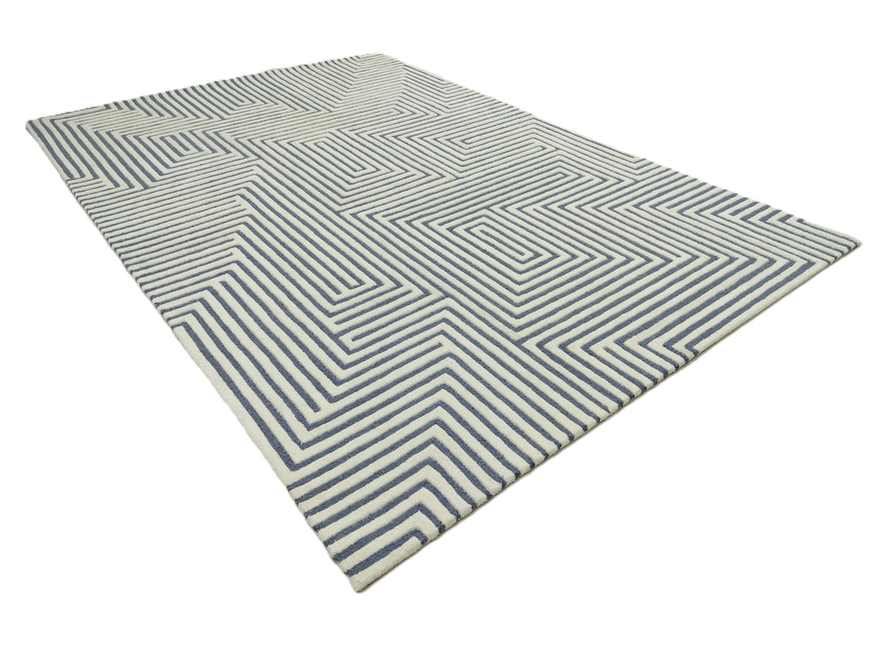 Blue and White Maze Pattern Area Rug – Modern Hand-Tufted Wool Carpet with Geometric Line Design for Living Room, Bedroom & Contemporary Décor