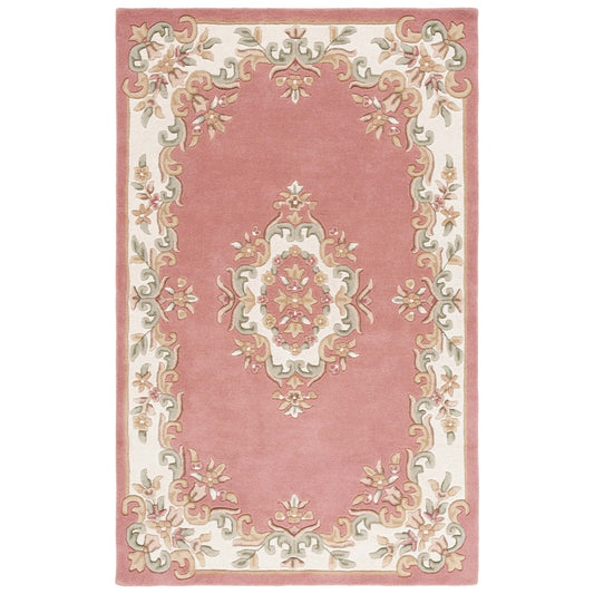 Elegant Pink Floral Wool Area Rug – Vintage Aubusson Style, Hand-Tufted, Soft & Durable Carpet for Living Room & Bedroom Décor