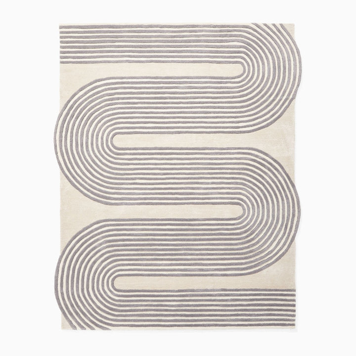 Modern Hand Tufted Wool Area Rug – Scandinavian Geometric Curved Line Carpet, Abstract Minimalist Cream & Grey Rug for Living Room, Bedroom, Nursery, Custom Size Rug