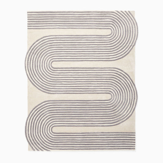 Modern Hand Tufted Wool Area Rug – Scandinavian Geometric Curved Line Carpet, Abstract Minimalist Cream & Grey Rug for Living Room, Bedroom, Nursery, Custom Size Rug