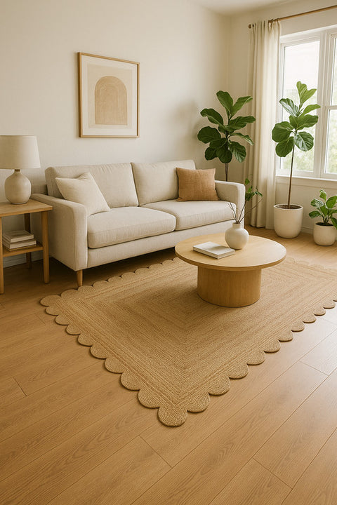 Scalloped Edge Natural Jute Rug – Handmade Eco-Friendly Boho Living Room Carpet | Minimalist Neutral Floor Rug for Modern Home Decor