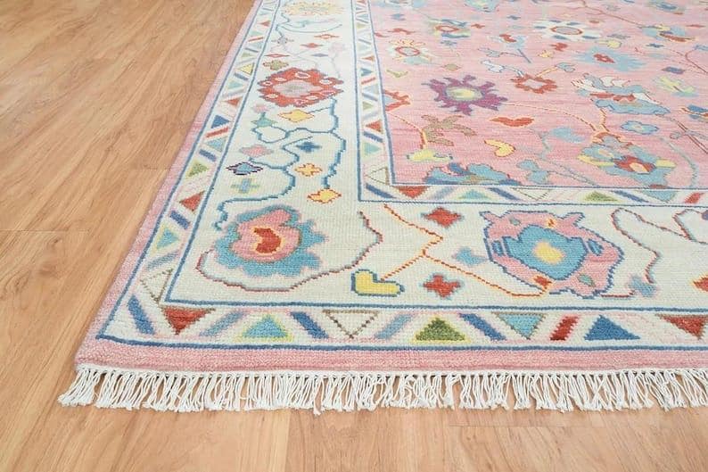 Hand Knotted Pink Oushak Rug – Modern Turkish Wool Area Rug | Soft Pastel Oriental Carpet, Boho Chic Living Room & Bedroom Decor