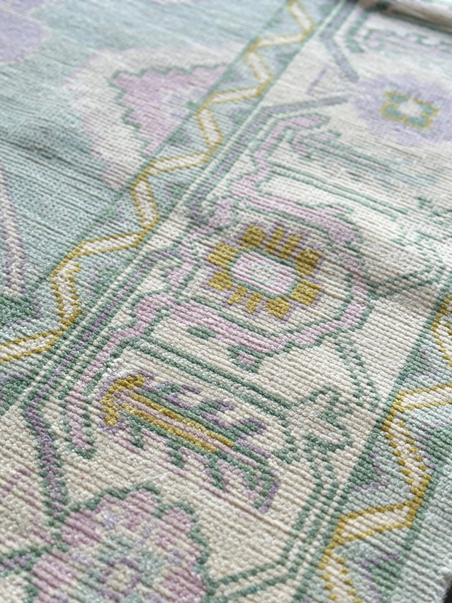 Hand Knotted Oushak Rug – Aqua Blue Pastel Turkish Wool Vintage Area Carpet