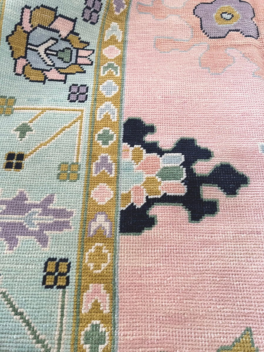 Hand Knotted Oushak Rug – Blush Pink Pastel Turkish Wool Vintage Area Carpet