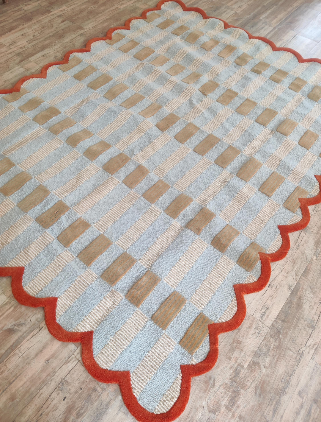 Handmade Wool Checkered Rug | Modern Blue & Beige Striped Area Carpet with Red Scalloped Border | Contemporary Designer Floor Rug for Living Room & Bedroom