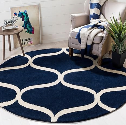 Round Navy Blue Trellis Area Rug – Modern Geometric Carpet for Living Room, Bedroom, or Office Decor